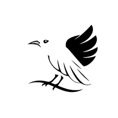 Modern, monochrome illustration of a bird mid-flight, detailed wings in black against white background, minimalist style, flat design.