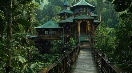 Enchanting treehouse nestled in lush tropical rainforest, showcasing intricate architecture and vibrant foliage