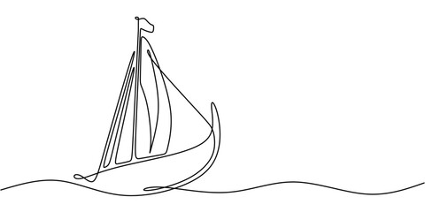 Continuous One line drawing of Viking Ship. Focusing on the shape of the ship and simple sails without excessive details.