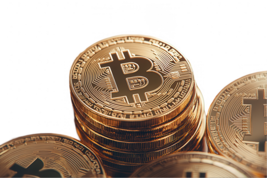 Stack of golden bitcoin coins on a white background showcasing the cryptocurrency's emblem with transparent edges ideal for digital use in finance and technology contexts