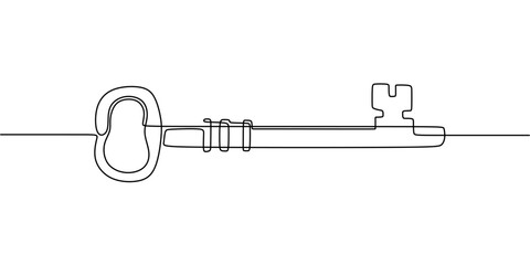 Continuous One line drawing of Antique Key. Representing mystery through a simple key design.