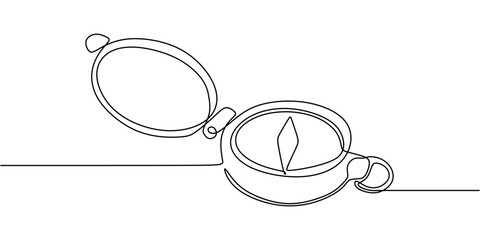 Continuous One line drawing of Compass. Exploration tool from the age of discovery with simple circular shape and needle lines.