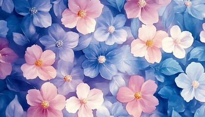 Pastel pink and blue flower blossoms.
