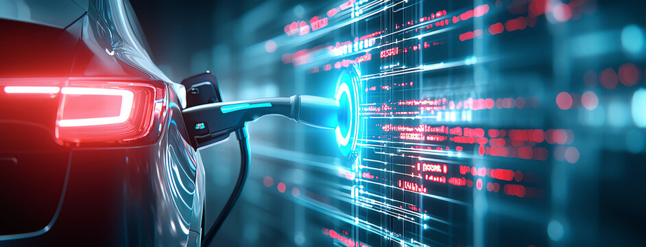 Electric vehicle charging with digital interface, showcasing technology and innovation. image captures essence of modern transportation and energy solutions