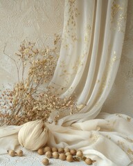 Elegant drapery with dried flowers cozy studio still life soft light artistic