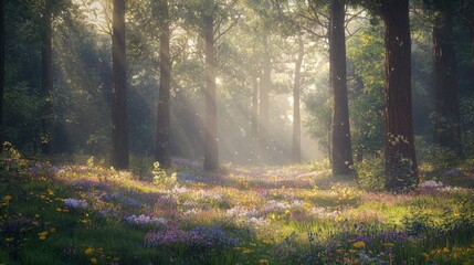 Obraz premium Sunlit Forest Meadow with Colorful Wildflowers and Misty Atmosphere