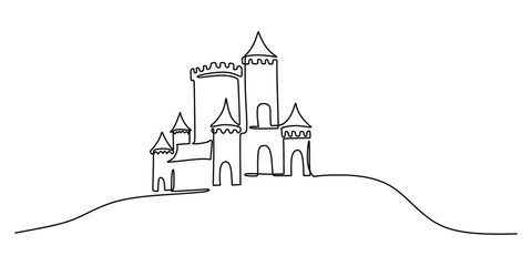 Continuous One line drawing of Castle Tower. Icon of architecture with straight lines and minimal top tower details. © berkahlineart