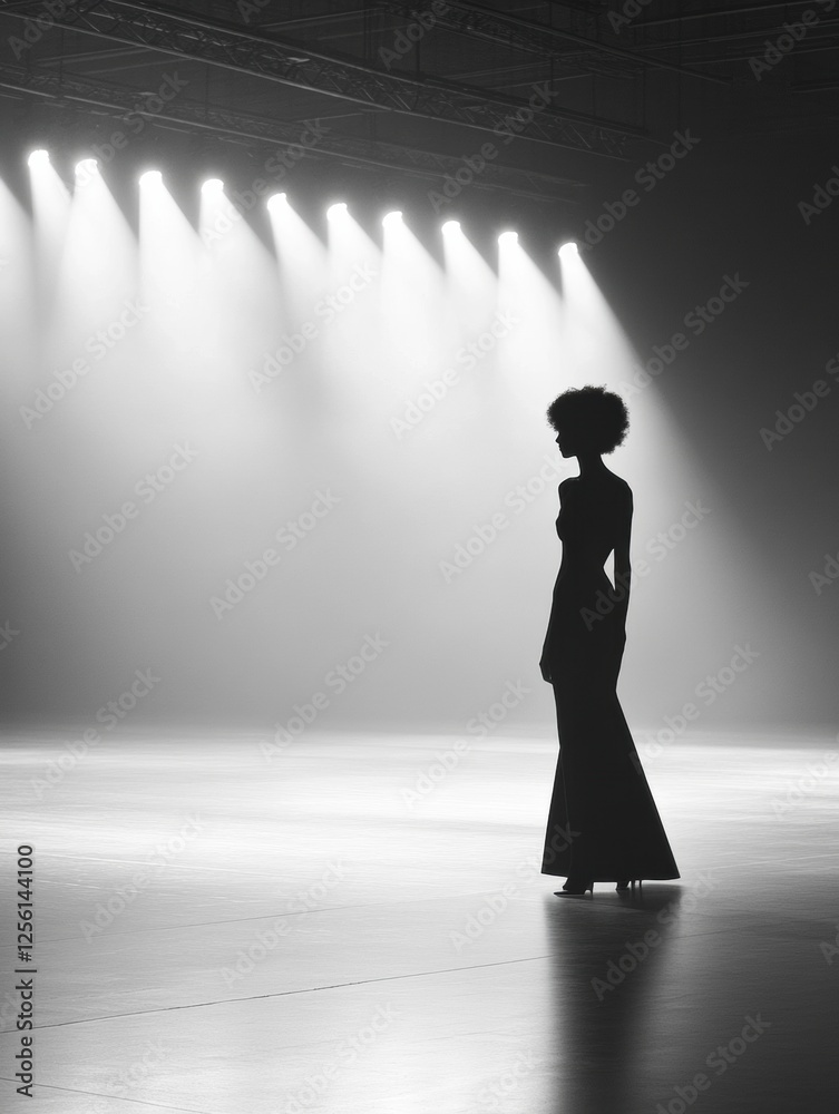 Poster Elegant silhouette on a monochromatic runway showcasing minimalist design and soft lighting during a fashion event. Generative AI