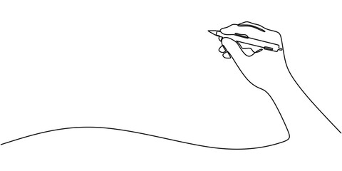 One line drawing of Hand holding a pen. Representing creativity and writing.