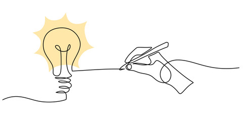 Continuous line drawing of Hand holding a pen with light bulb. Symbol of creativity and writing.