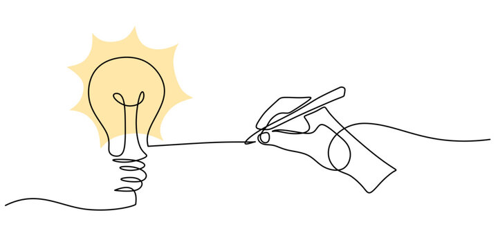 Continuous line drawing of Hand holding a pen with light bulb. Symbol of creativity and writing.