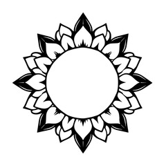 Black and white floral pattern with a circular central opening and petal-like leaves.