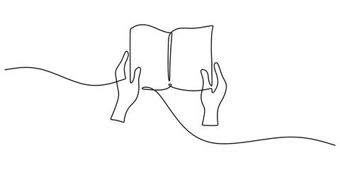 Obraz premium Continuous line drawing of Hand holding a book. Symbolizing knowledge and learning.