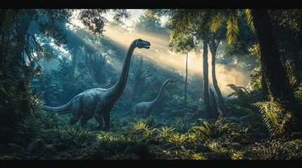 Majestic Dinosaurs Roaming in Dense Prehistoric Jungle Environment