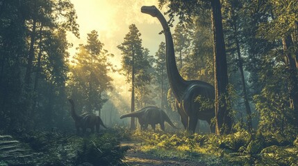 Obraz premium Large Dinosaurs Roaming in Lush Green Forest at Sunrise