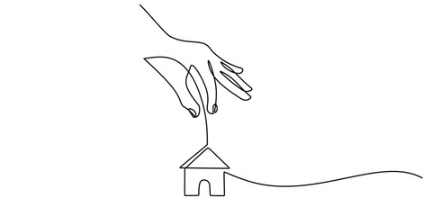Continuous line drawing of Hand holding a small house. Symbol of protection and family.