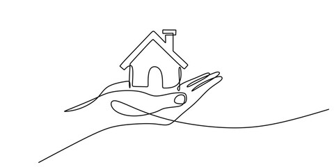 One line drawing of Hand holding a small house. Representing shelter and family.