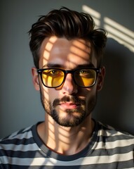 Fototapeta premium Man with Beard Yellow Sunglasses Striped Shirt Sunlit Portrait