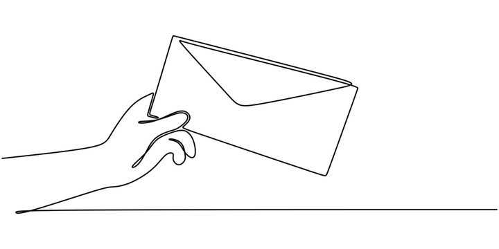 Continuous line drawing of Hand holding an envelope. Symbol of message or letter.