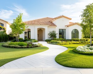 Modern House Exterior With Curvy Walkway And Lush Landscaping And Garden