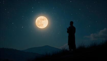 Moonlit Contemplation - Silhouette Under the Starry Sky with Full Moon