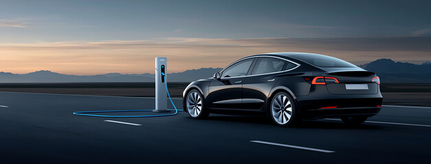 Breathtaking full width shot of electric car charging at station, showcasing modern design and technology against stunning sunset backdrop