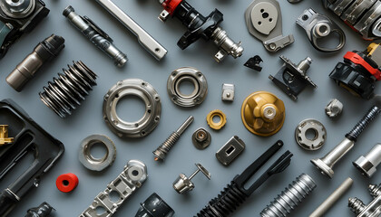 Assorted car auto parts on gray background, isolated vehicle accessories in Adobe stock style