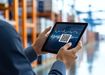 Efficient warehouse management system with tablet displaying QR code, showcasing data analytics and inventory tracking in modern storage facility