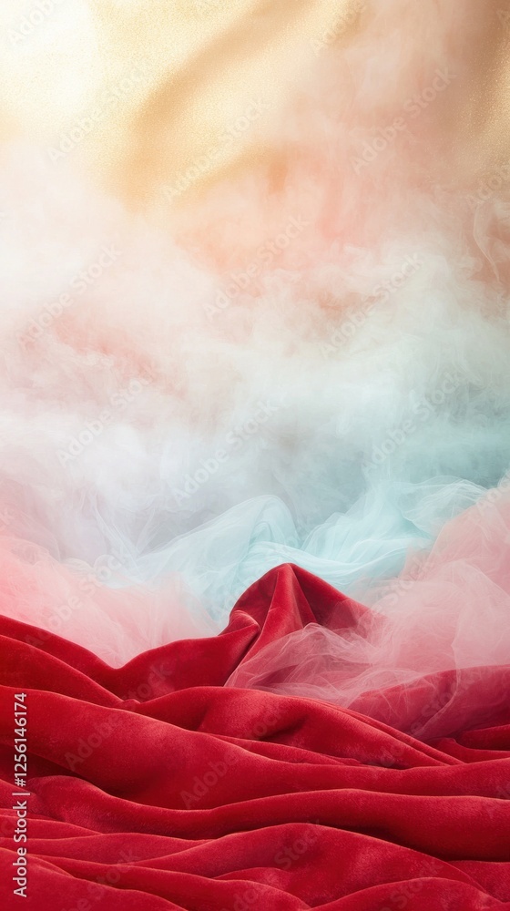 Poster flowing red fabric with mist studio setting abstract art ethereal environment close-up view textured