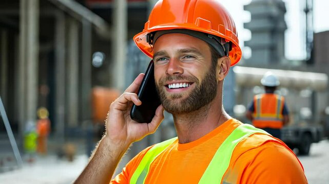 Man in an orange shirt and a hard hat is talking on a cell phone. He is smiling and he is happy