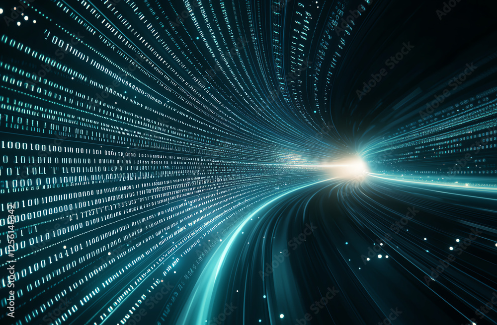 Poster digital technology background with binary code, glowing lines, and light. this represents data flow,