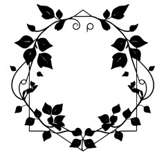 Naklejka premium Ornate monochrome floral wreath encircling an empty space, surrounded by black leaves with fine detailing.