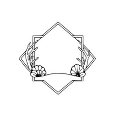 Geometric frame adorned with seashells and coral elements.