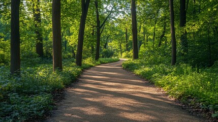 Fototapeta premium Serene Forest Pathway Surrounded by Lush Green Trees under Bright Blue Sky for Nature Enthusiasts and Outdoor Adventures