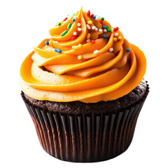 Delicious Orange Chocolate Cupcake: A delectable chocolate cupcake topped with swirls of creamy orange frosting and vibrant sprinkles, ready to satisfy any sweet tooth. 