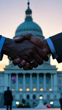 Black businessmen handshake, good business deal and political success strategy in White House.