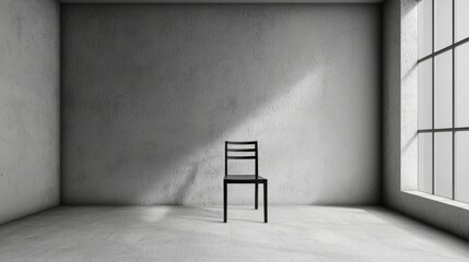 Minimalist Interior with Black Chair in Bright Room with Windows