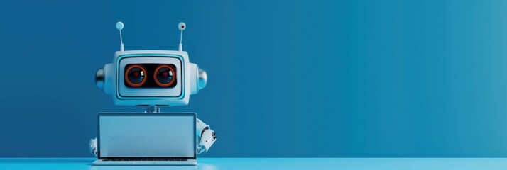 cute little robot assistant uses laptop, web computer security, chat bot, horizontal banner, poster, blue background, copy space, free space for text
