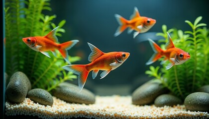 School of vibrant goldfish swimming gracefully among lush aquatic plants in a serene aquarium