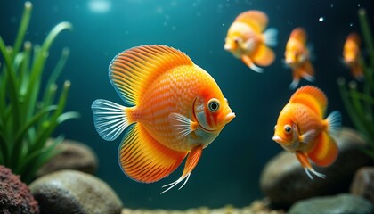 Group of vibrant discus fish swimming gracefully in a lush aquarium environment
