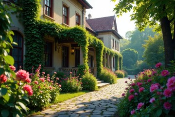 A Picturesque Estate with a Cobblestone Path, Lush Greenery, and Vibrant Rose Bushes