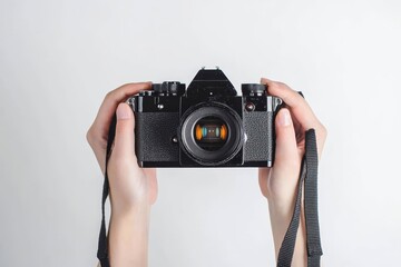 Photographer holding camera, ready to shoot on white background.