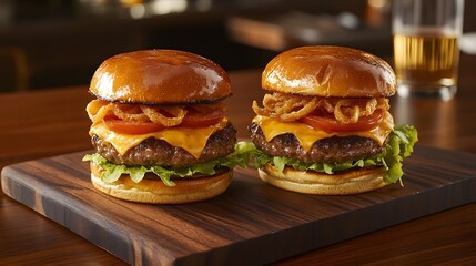 Two homemade beef hamburgers on a wooden board garnished and ready to eat