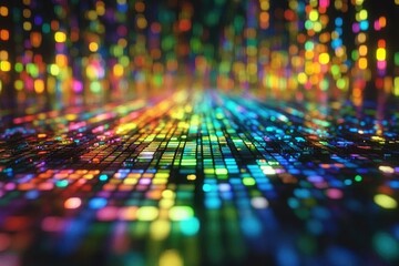 Obraz premium Colorful data stream, futuristic city, glowing lights, abstract background, tech visualization