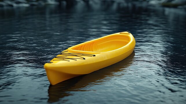 A close-up shot of a yellow kayak floats gently on peaceful waters, symbolizing calm, relaxation, and a love for adventure in serene environments.