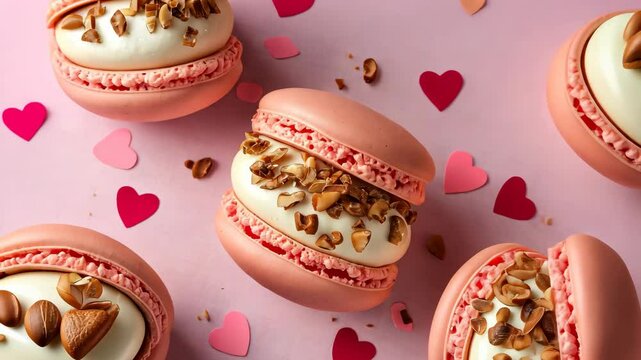 Valentine's Day macrons with red and pink cream, white chocolate filling, and hazelnuts on top.