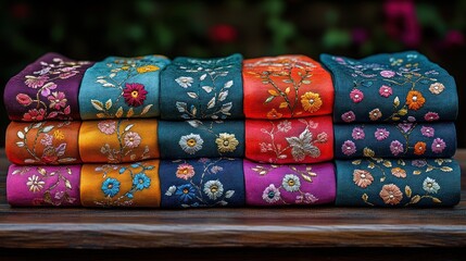 Stack of colorful embroidered silk ribbons on wood.
