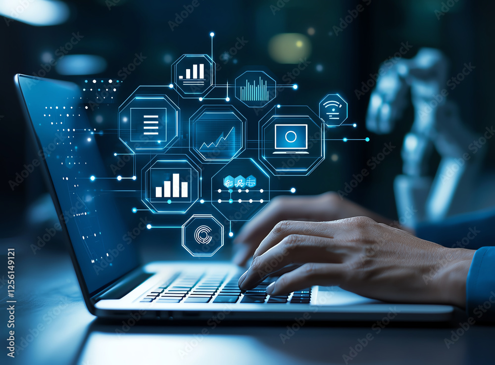 Poster hands typing on laptop with digital data visualization elements. scene conveys sense of technology a