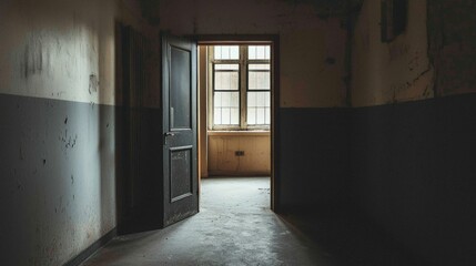 Dimly Lit Corridor with Open Door and Natural Light Streaming In