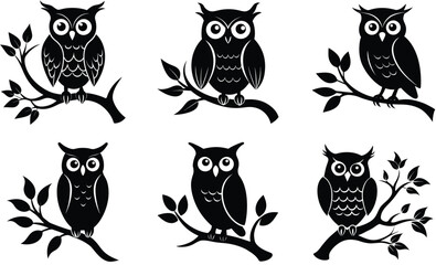 Owl sitting on tree branch silhouette set vector icons